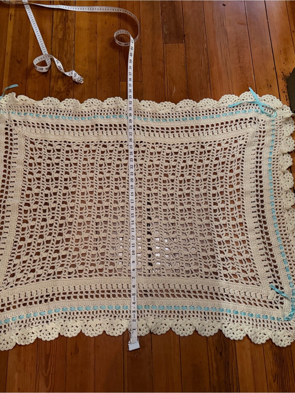Cream Crochet Baby Blanket with Ribbon Trim